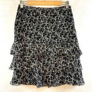 Womens 100% Silk Chiffon Floral Skirt‎ Sz 4P Black Tiered Ruffle Feminine Flowy